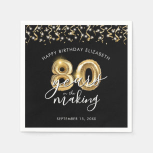 80th Birthday Black Gold Script Balloon Streamers Napkin