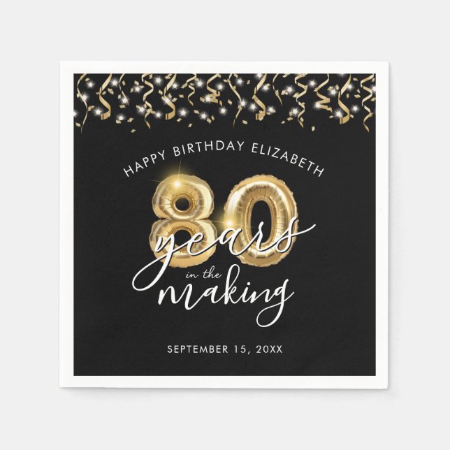 80th Birthday Black Gold Script Balloon Streamers Napkin (Front)