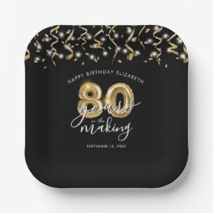 80th Birthday Black Gold Script Balloon Streamers Paper Plate