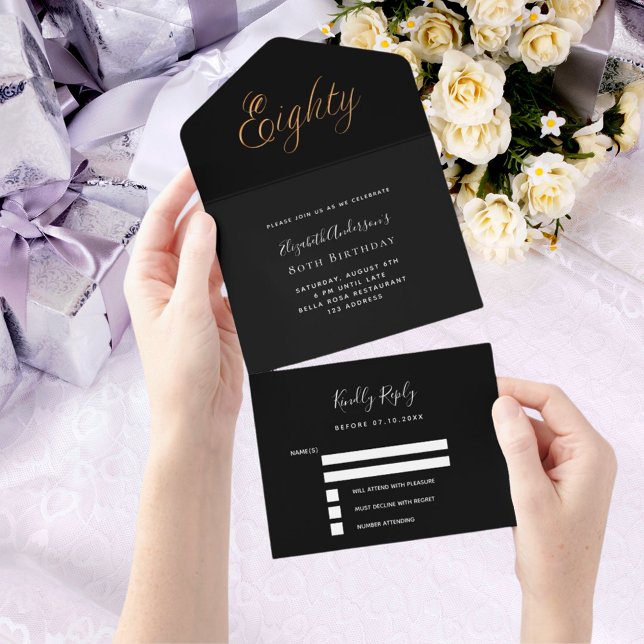 80th birthday black gold script rsvp all in one invitation (Creator Uploaded)