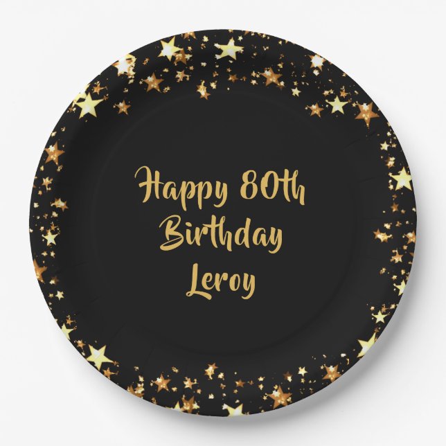 80th Birthday Black Gold Stars Name Paper Plate (Front)