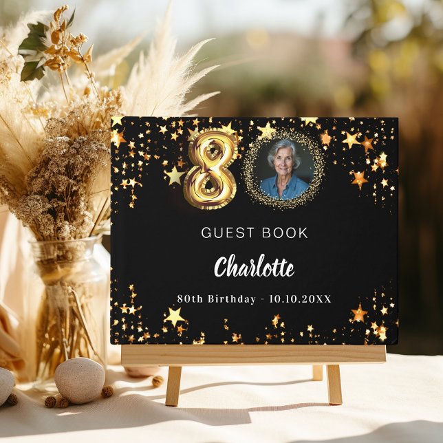 80th Birthday black gold stars photo Guest Book (Creator Uploaded)