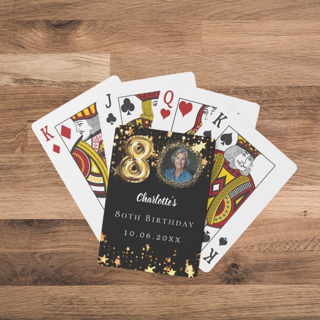 80th birthday black gold stars photo playing cards (Creator Uploaded)