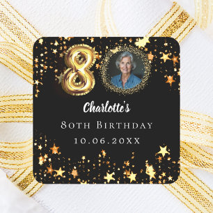 80th birthday black gold stars photo square sticker
