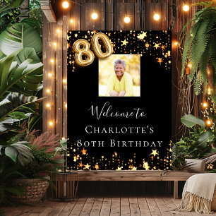 80th birthday black gold stars photo welcome poster