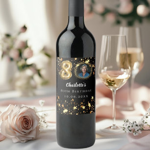 80th birthday black gold stars photo wine label