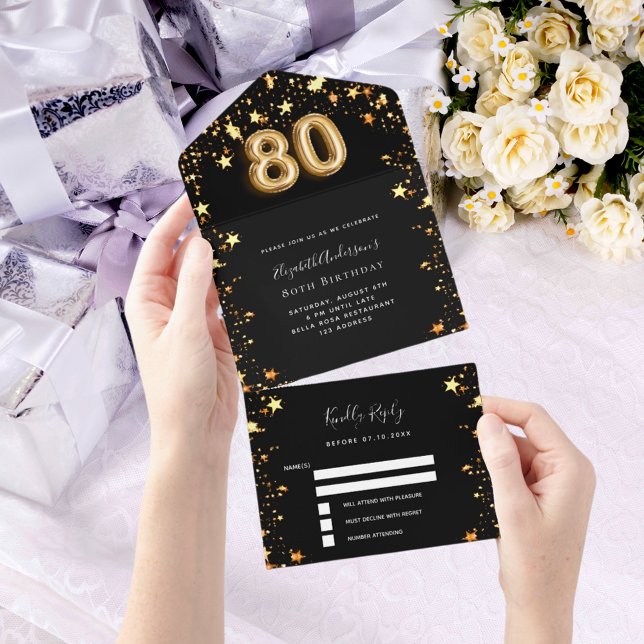 80th birthday black gold stars rsvp all in one invitation (Creator Uploaded)