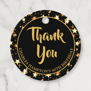 80th Birthday Black Gold Stars THANK YOU Favour Tags