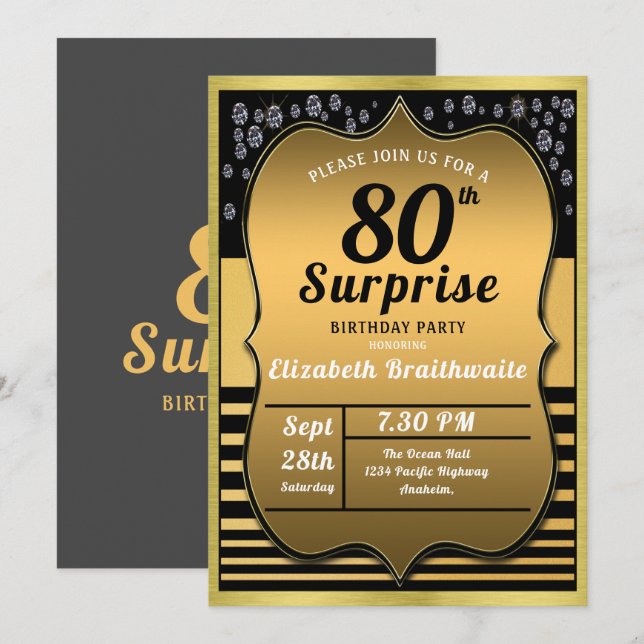 80th Birthday Black Gold Surprise Party Invitation (Front/Back)