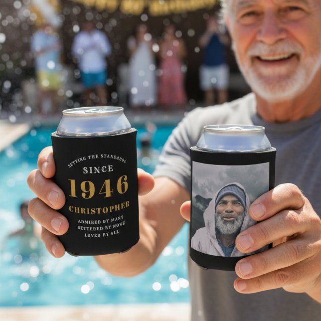 80th Birthday Black Gold With Photo Can Cooler (1946 can coolers with pool background.)