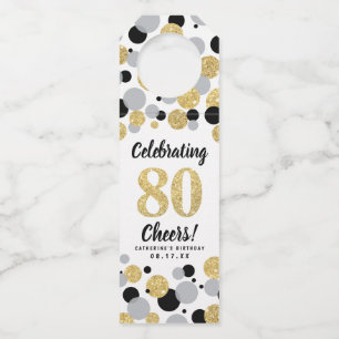80th Birthday Black Grey Gold Glitter Confetti Bottle Tag