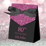 80th Birthday Black Hot Pink Glitter Thank You Favour Box<br><div class="desc">This fabulous modern 80th Birthday Black Hot Pink Glitter Thank You favour box with sparkling hot pink glitter, the birthday girl's name in a trendy script font, and tied with an elegant black bow would be perfect for your event. It would be great for a candy station, on a thank...</div>