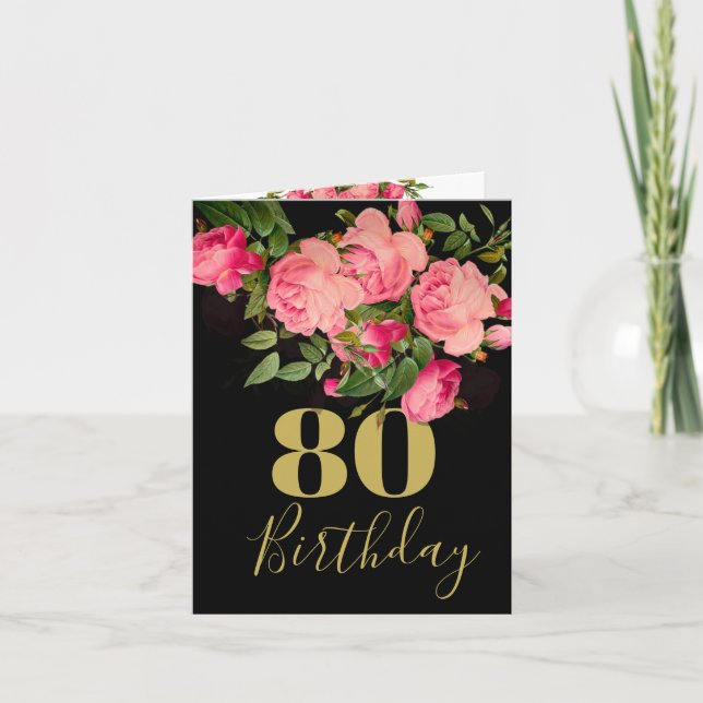 80th Birthday  Black Photo Roses Floral Elegant Invitation (Front)