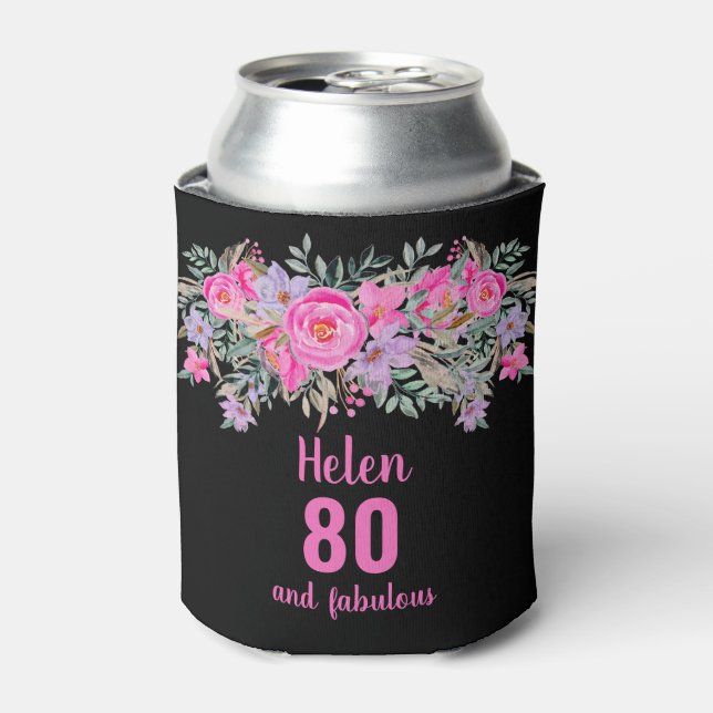 80th birthday black pink floral can cooler (Can Front)