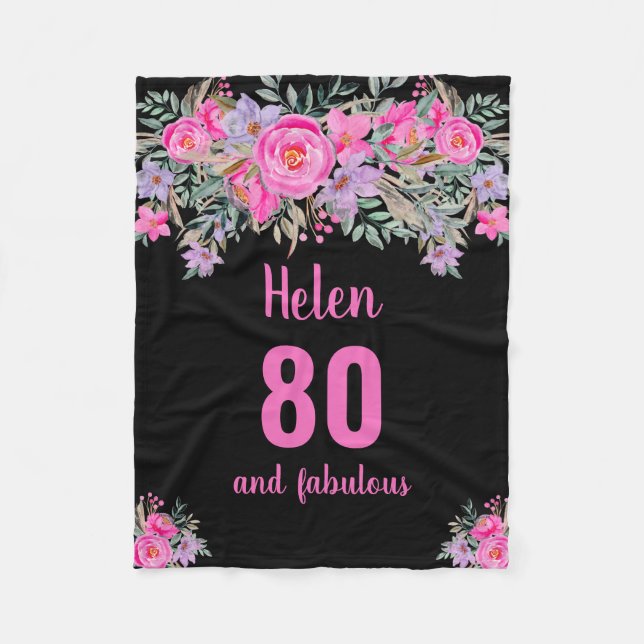 80th birthday black pink floral  fleece blanket (Front)
