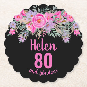 80th birthday black pink floral script name paper coaster