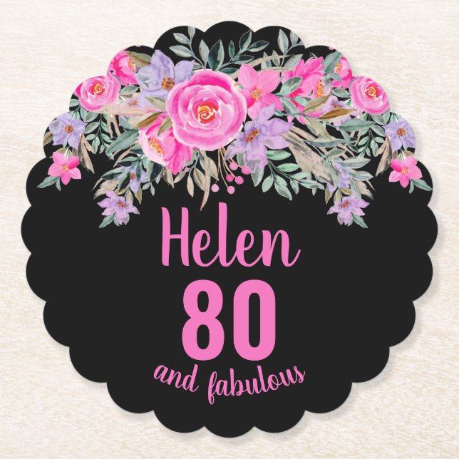 80th birthday black pink floral script name paper coaster (Front)