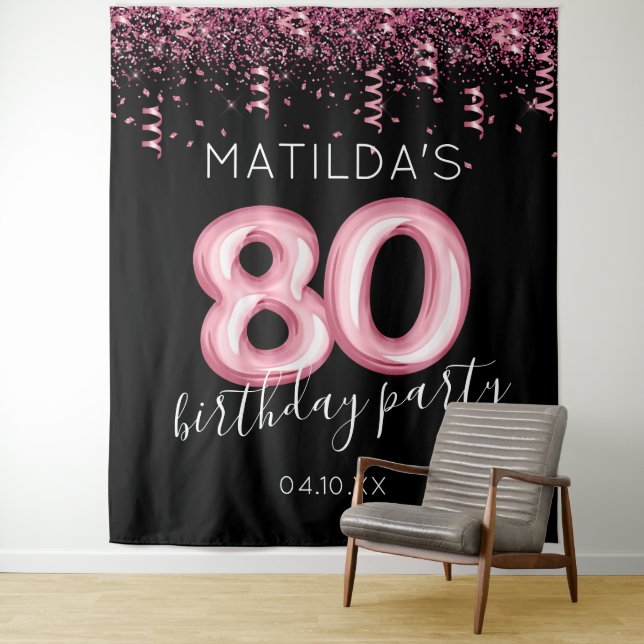 80th Birthday Black Pink Photo Backdrop Tapestry (In Situ)