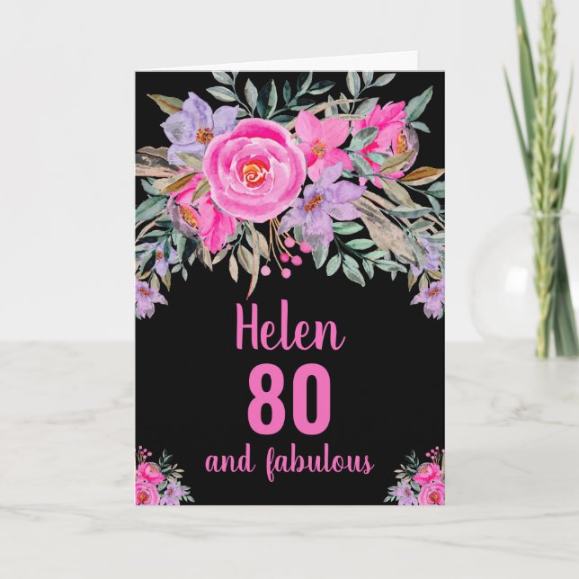 80th birthday black pink watercolor floral card (Front)