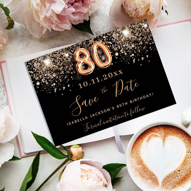 80th birthday black rose gold save the date announcement postcard (Creator Uploaded)