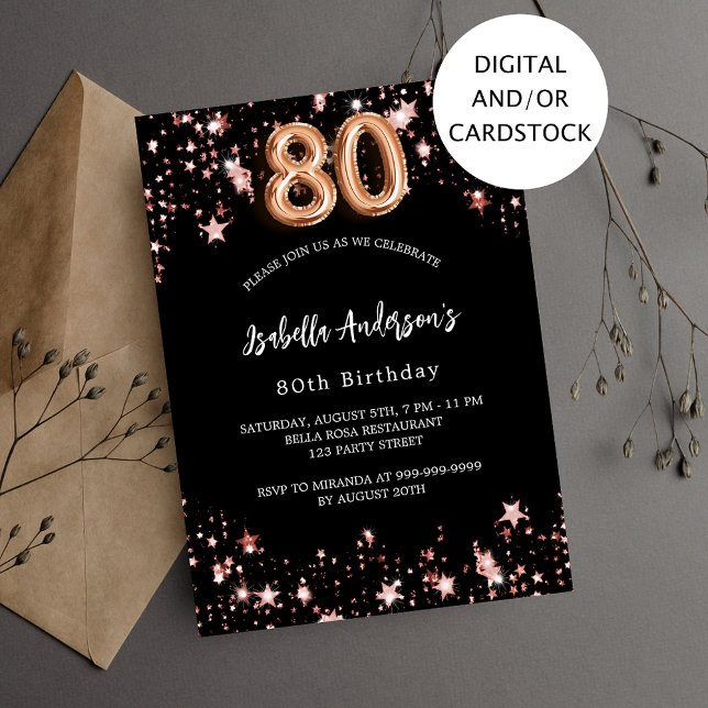 80th birthday black rose gold stars invitation (Creator Uploaded)