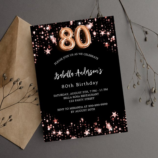 80th birthday black rose gold stars invitation postcard (Creator Uploaded)