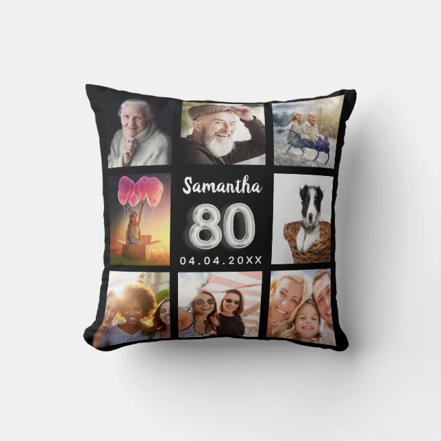 80th birthday black silver custom photo collage cushion (Front)