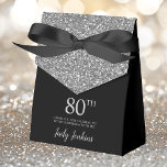 80th Birthday Black Silver Glitter Thank You Favour Box<br><div class="desc">This fabulous modern 80th Birthday Black Silver Glitter Thank You favour box with sparkling silver glitter, the birthday girl's name in a trendy script font, and tied with an elegant black bow would be perfect for your event. It would be great for a candy station, on a thank you gift...</div>