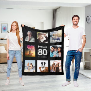80th birthday black silver photo collage name fleece blanket