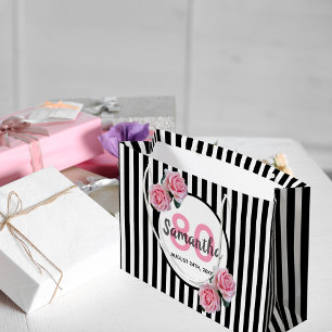 80th birthday black stripes pink roses name large gift bag