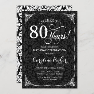 80th Birthday - Black White Damask Invitation