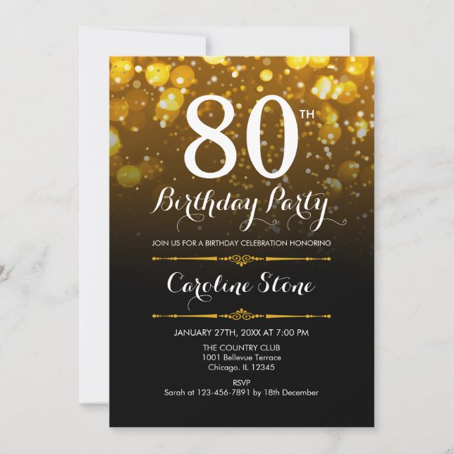 80th Birthday - Black White Gold Invitation (Front)