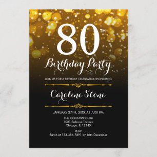 80th Birthday - Black White Gold Invitation