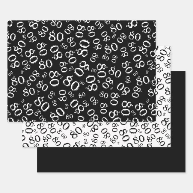 80th Birthday Black & White Number Pattern 80 Wrapping Paper Sheet (Set)