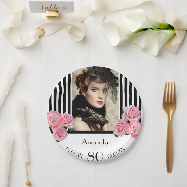 80th birthday black white stripes florals photo paper plate (Wedding)