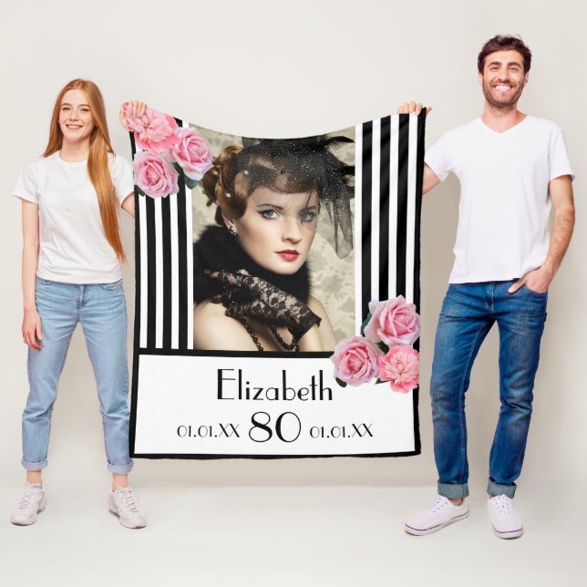 80th birthday black white stripes pink photo fleece blanket (In Situ)