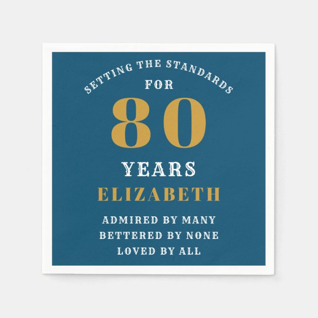 80th Birthday Blue And Gold Add Your Name Napkin (Front)
