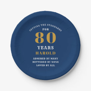 80th Birthday Blue and Gold Paper Plate