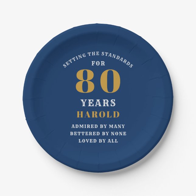 80th Birthday Blue and Gold  Paper Plate (Front)