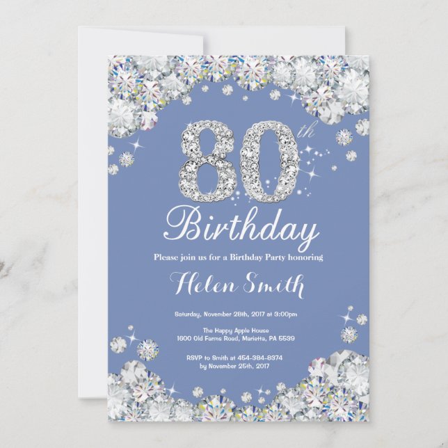 80th Birthday Blue and Silver Diamond Invitation (Front)