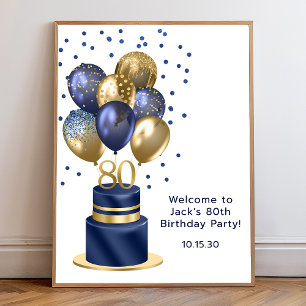 80th Birthday Blue Balloon Cake Poster