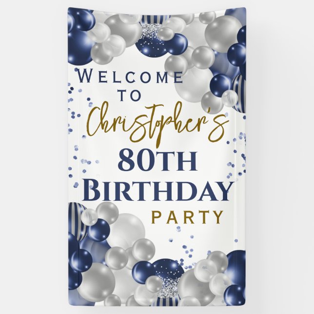 80th Birthday Blue Balloons Party Welcome Banner (Vertical)
