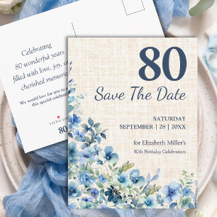 80th Birthday Blue Botanical Linen Save the Date Announcement Postcard