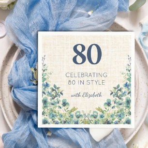 80th Birthday Blue Botanical Linen Table Decor Napkin