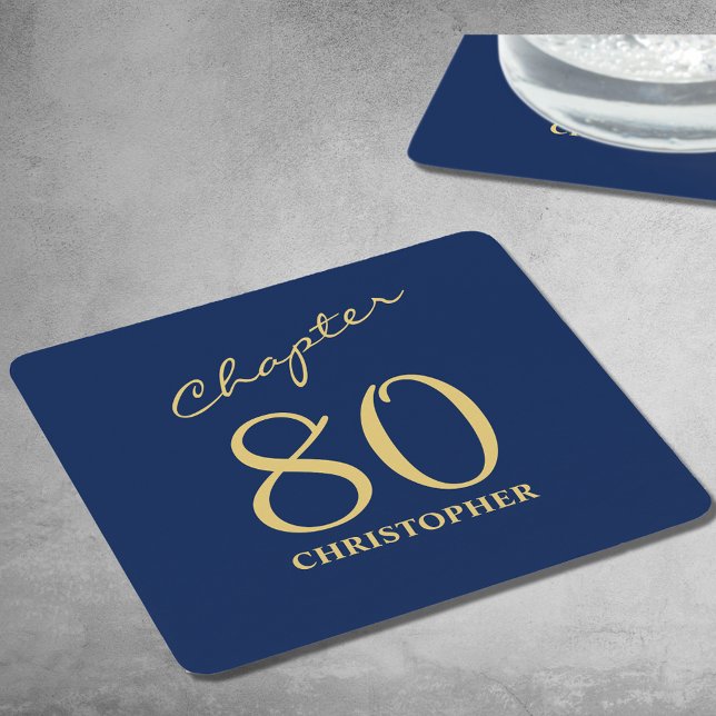 80th Birthday Blue Gold Chapter 80 Square Paper Coaster (Personalized 80th birthday paper coasters in blue and gold.)
