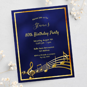 80th birthday blue gold music notes invitation postcard