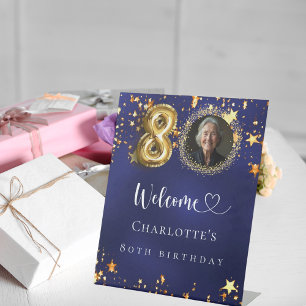 80th Birthday blue gold stars photo welcome Pedestal Sign