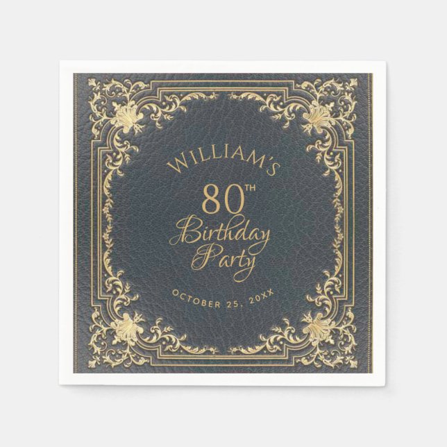 80th Birthday Blue Gold  Vintage Elegant Script Napkin (Front)