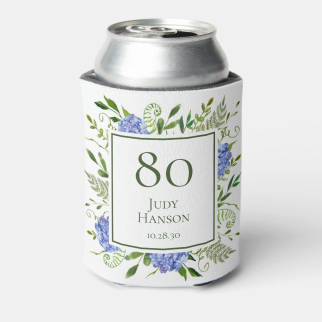 80th Birthday Blue Hydrangeas Can Cooler (Can Back)