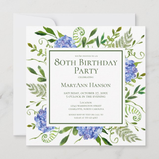 80th Birthday Blue Hydrangeas Card Request  (Front)